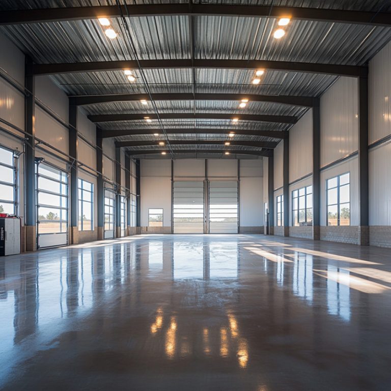 interior shot of a small warehouse in Tyler, Texas, featuring a freshly poured concrete floor that is still curing.