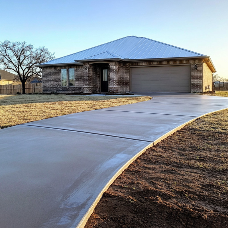 newly finished concrete driveway in a quiet Abilene, Texas neighborhood.