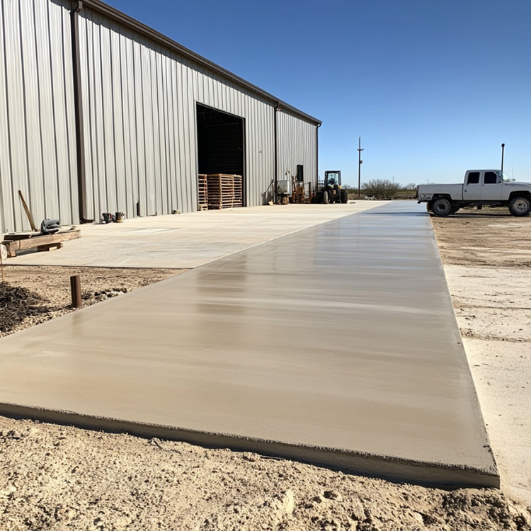 a newly finished concrete driveway outside a light industrial warehouse in Abilene, Texas. The surface is smooth and uniform, with crisp control joints cut in a grid-like pattern.