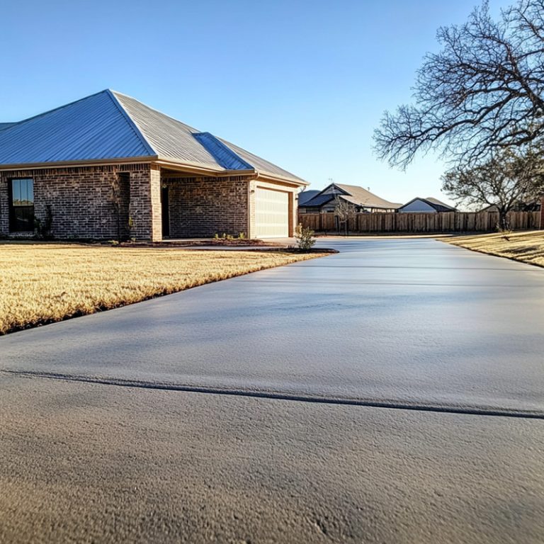 a newly finished concrete driveway in a quiet Abilene, Texas neighborhood. The driveway stretches cleanly from the street to a modest single-story brick house with a metal roof.