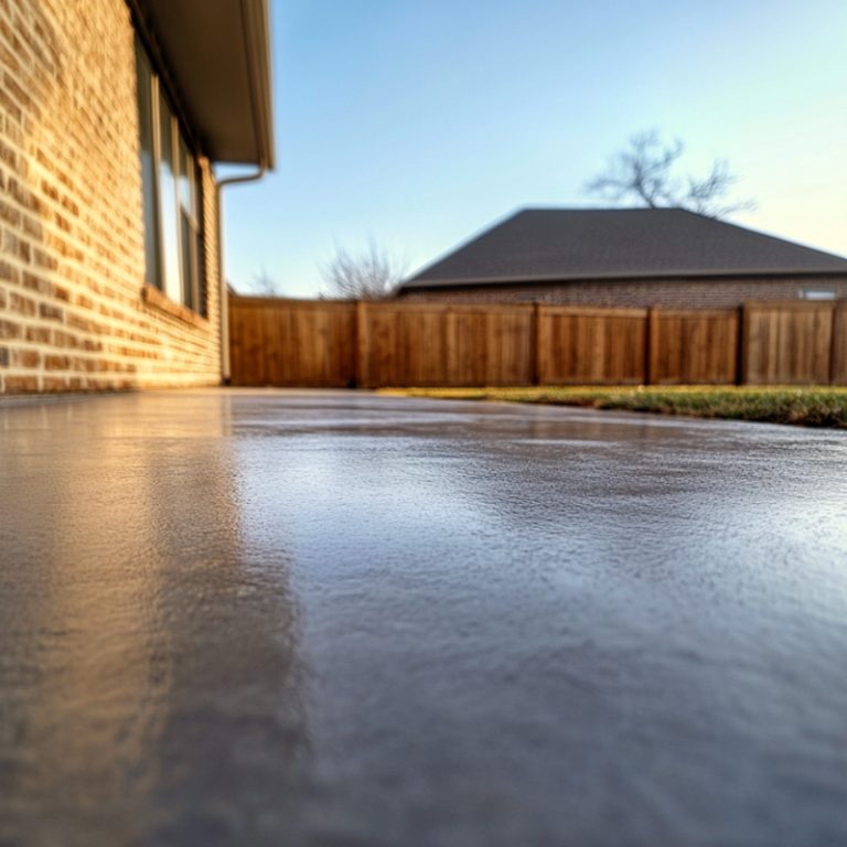 a newly finished concrete patio behind a modest brick home in Abilene, Texas.