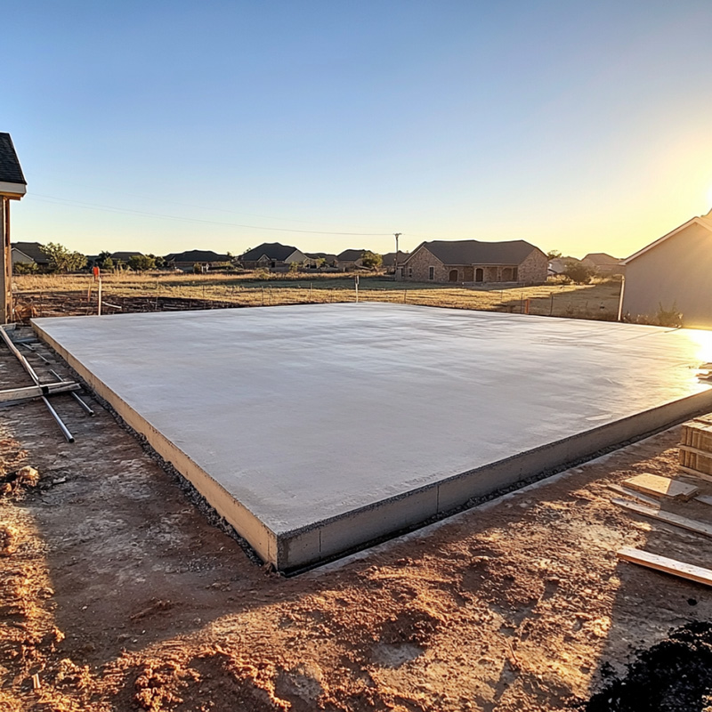a newly finished concrete foundation slab on a dusty residential lot in Abilene, Texas.
