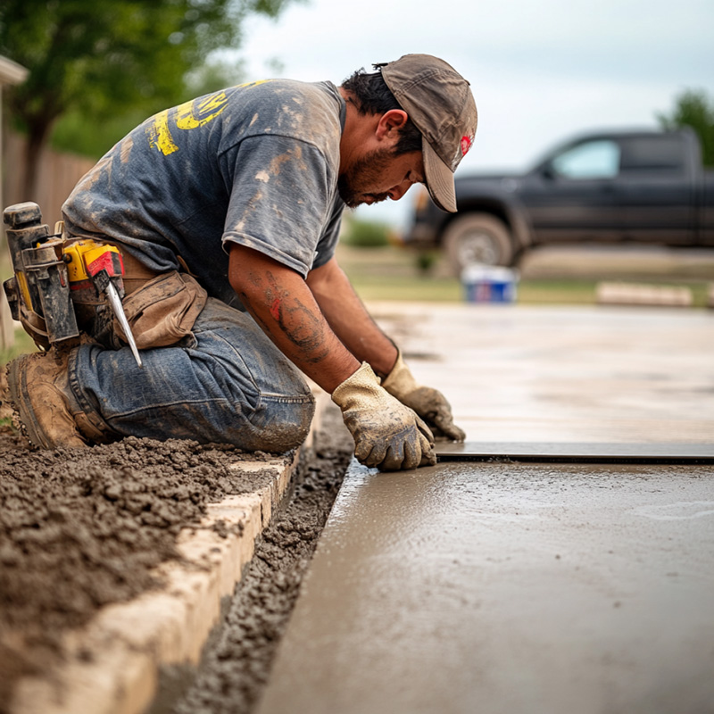 a concrete worker performing concrete leveling on a residential driveway in Abilene, Texas. The worker is kneeling beside a slightly uneven section of the driveway, using a long aluminum screed to manually smooth and level freshly added concrete slurry along the joint line.