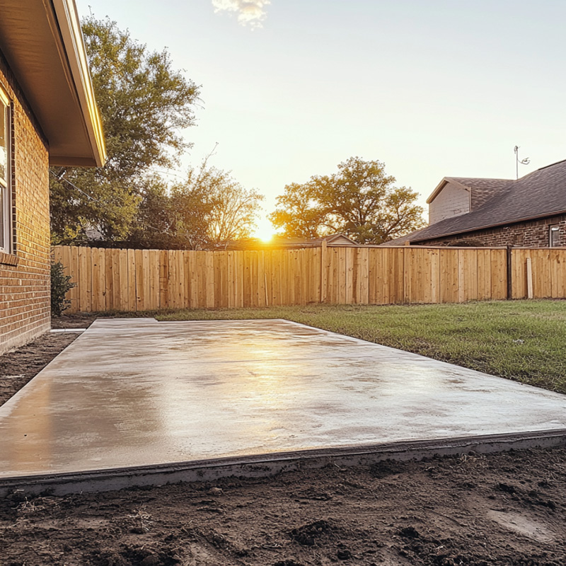 newly finished concrete patio behind a modest brick house in Abilene, Texas.