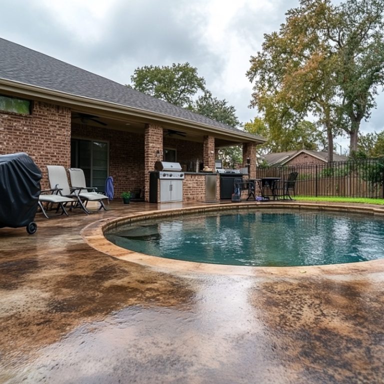 a backyard concrete patio in Tyler, Texas featuring a small in-ground pool and a built-in outdoor kitchen.