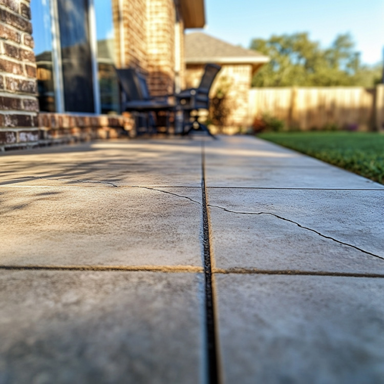 a concrete patio behind a private residence in Abilene, Texas. The patio is made up of large rectangular panels separated by clean control joints, each with a light broom-finish texture.