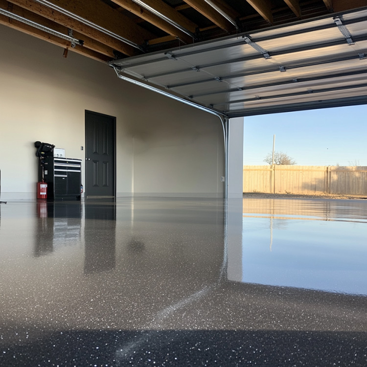 a newly finished epoxy-coated garage floor at a private residence in Abilene, Texas.