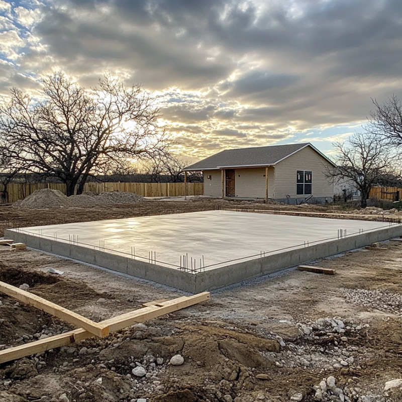 a freshly completed concrete pad prepared for a large garage at a private residence in Abilene, Texas. The pad stretches wide and flat, with a smooth, muted gray surface showing faint steel-trowel finishing marks under soft daylight.