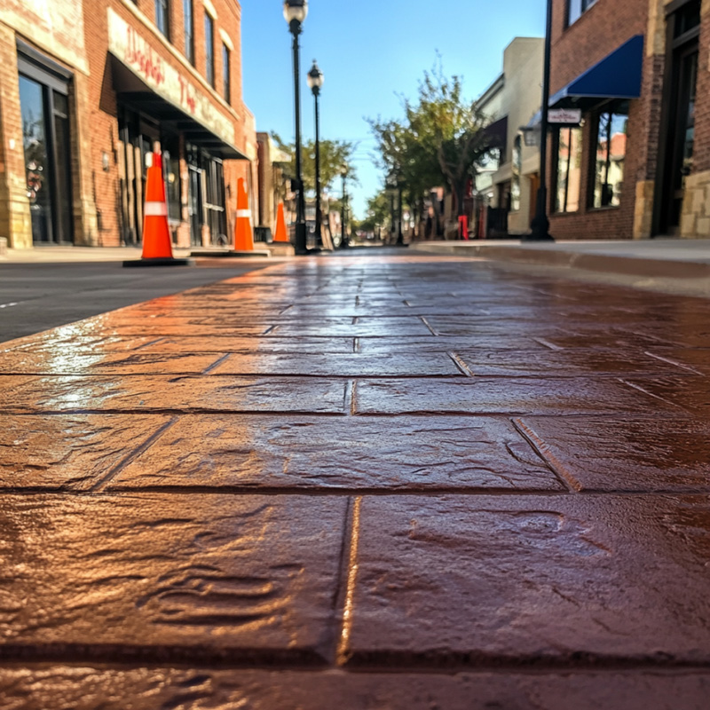a newly finished stamped concrete sidewalk running along a historic street in downtown Abilene, Texas.