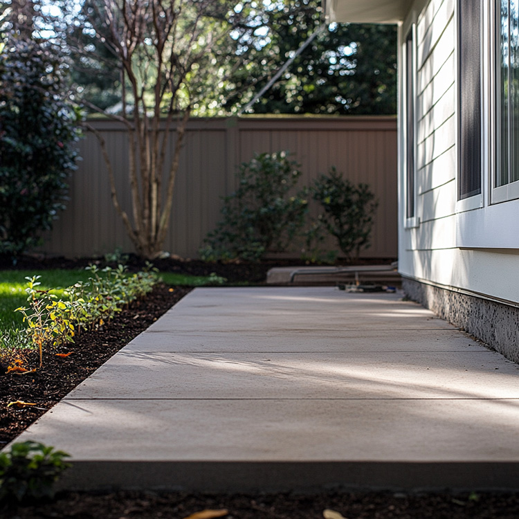 concrete patio in the backyard of a private residence. The patio surface is smooth, uncracked, and evenly finished with a light broom texture and subtle color variation from natural wear.