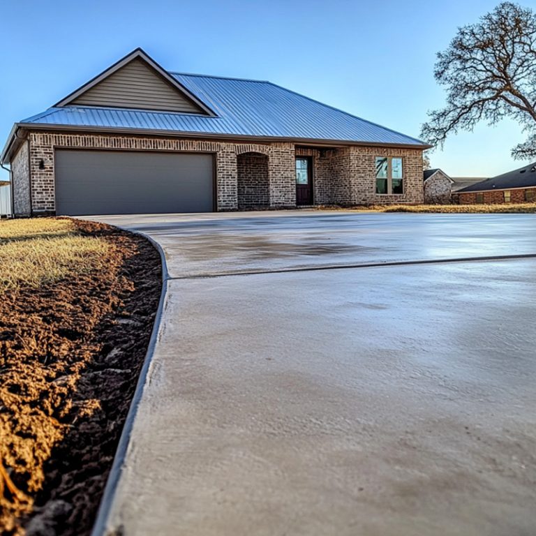 A newly finished concrete driveway in a quiet Abilene, Texas neighborhood.