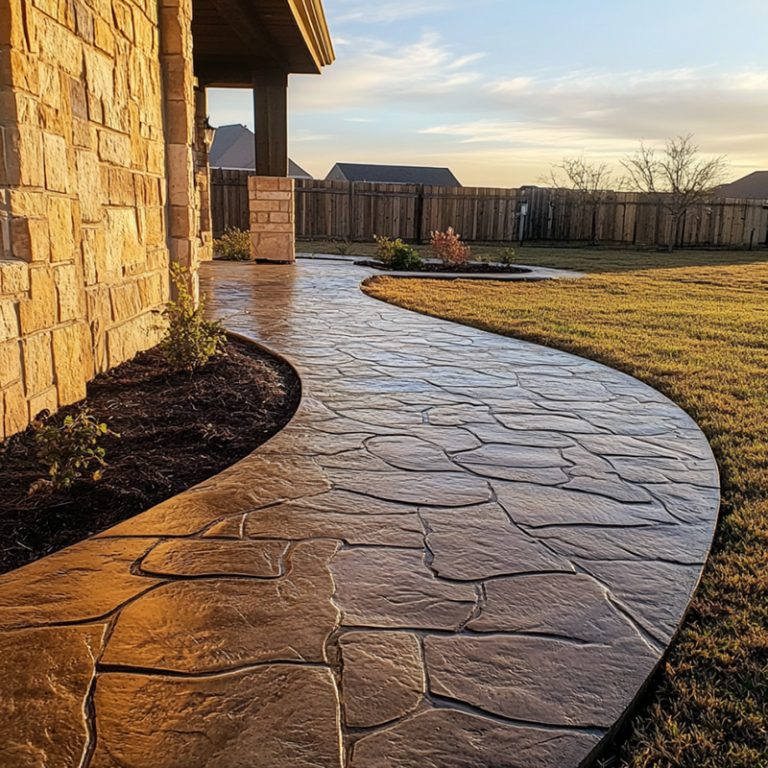 A newly finished stamped concrete patio and connecting walkway behind a modest ranch-style home in Abilene, Texas. The stamped concrete surface features a natural stone pattern