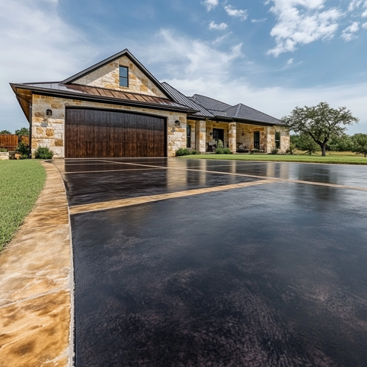 a newly finished decorative concrete driveway outside a luxury ranch-style home in Abilene, Texas. The driveway features a rich, dark-stained concrete surface with a smooth, semi-gloss finish that subtly reflects the bright midday sun.
