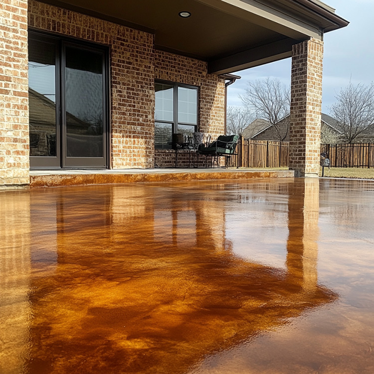 a newly finished stained concrete patio in the backyard of a private residence in Abilene, Texas.
