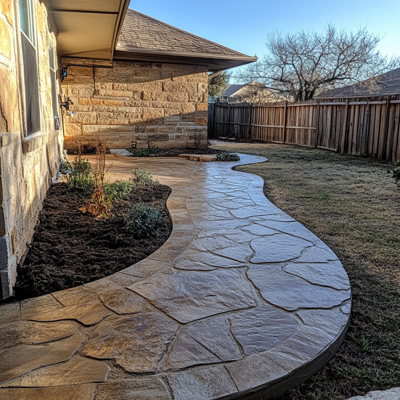 a newly finished stamped concrete sidewalk running along a historic street in downtown Abilene, Texas.