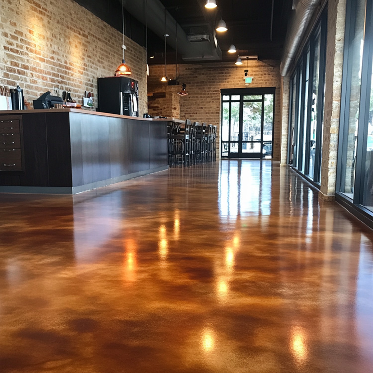 a newly finished colored concrete floor inside a small business in Abilene, Texas.