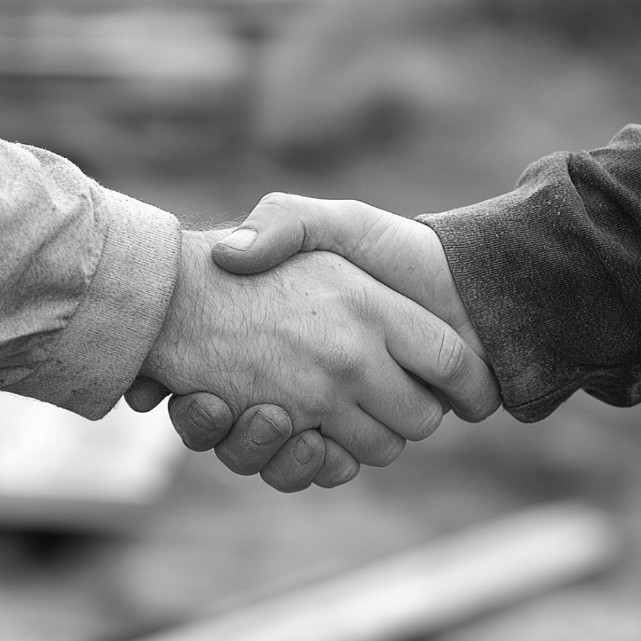 Close-up shot of a customer and a concrete contractor shaking hands at an outdoor residential job site.