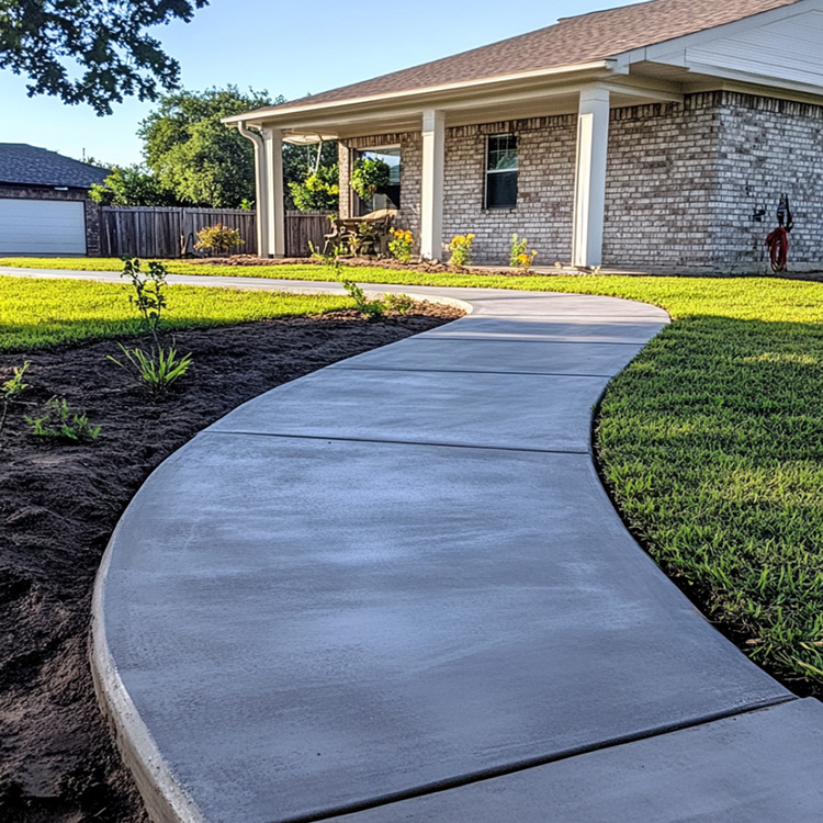 a newly finished concrete walkway leading from the driveway to the front entrance of a private residence in Abilene, Texas.