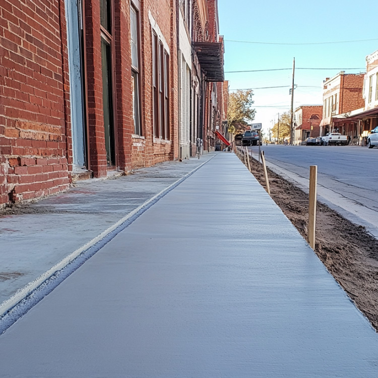 a newly finished concrete sidewalk running along a block of historic storefronts in downtown Abilene, Texas.