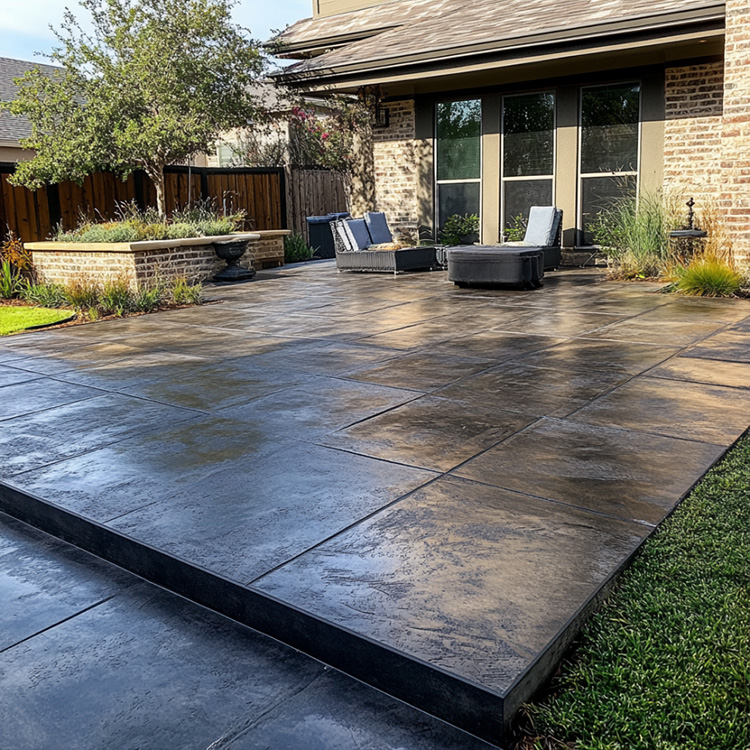 a newly finished stamped concrete patio in the backyard of a private residence in Abilene, Texas.