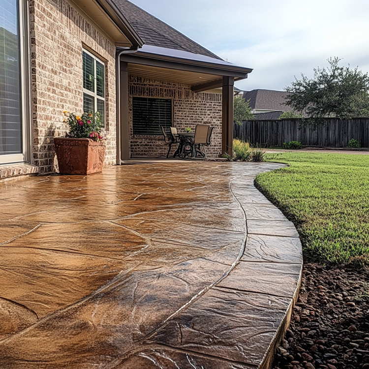a stamped concrete patio extending from the back of a private single-story brick home in Abilene, Texas.