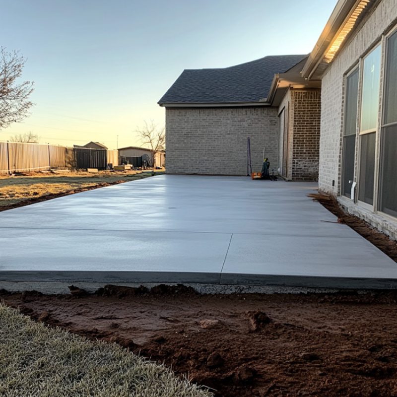 a newly finished concrete patio extension at the rear of a private residence in Abilene, Texas.